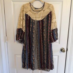 J. Glee 2X Boho Lace Yoke Dress Mixed Print Bell Sleeve Plus Size